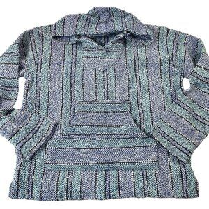 Baja Joe Mens Hoodie Blue White Stripe V Neck Pocket Long Sleeve Drug Rug XS